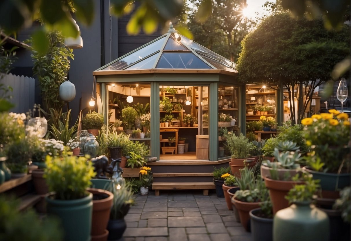 A garden store with eco-friendly outdoor decor options, including solar-powered lights, recycled material sculptures, and biodegradable planters