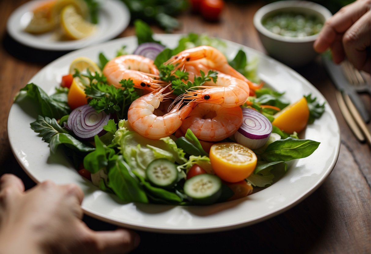 A hand reaches for plump prawns, vibrant greens, and colorful vegetables arranged on a plate, ready to be transformed into a delicious Chinese prawn salad
