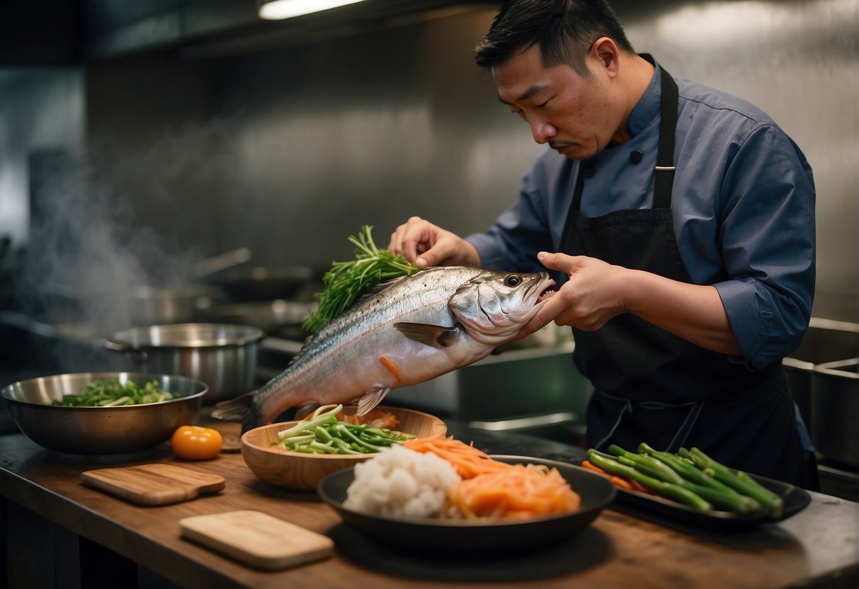 A chef cleans and chops a salmon fish head, then simmers it in a pot with ginger, scallions, and other seasonings for a traditional Chinese soup