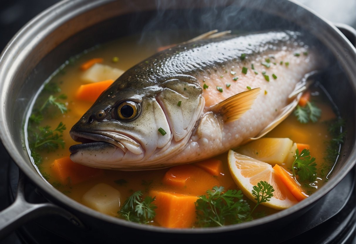 Salmon fish head simmering in Chinese soup broth. Ingredients surround the pot, steam rises