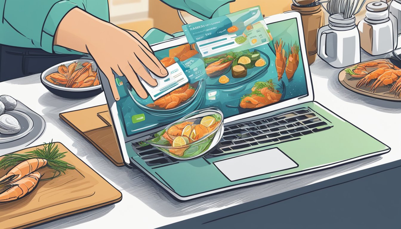 A laptop open on a kitchen counter, displaying a website with a variety of fresh seafood options. A hand reaches for a credit card nearby