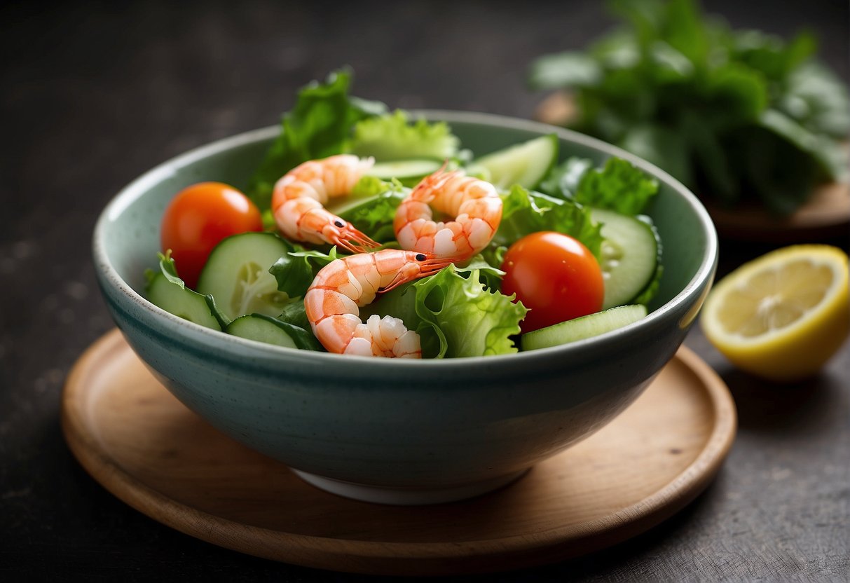 Fresh lettuce, sliced cucumber, diced tomatoes, and cooked prawns arranged in a bowl. A small dish of Chinese dressing on the side