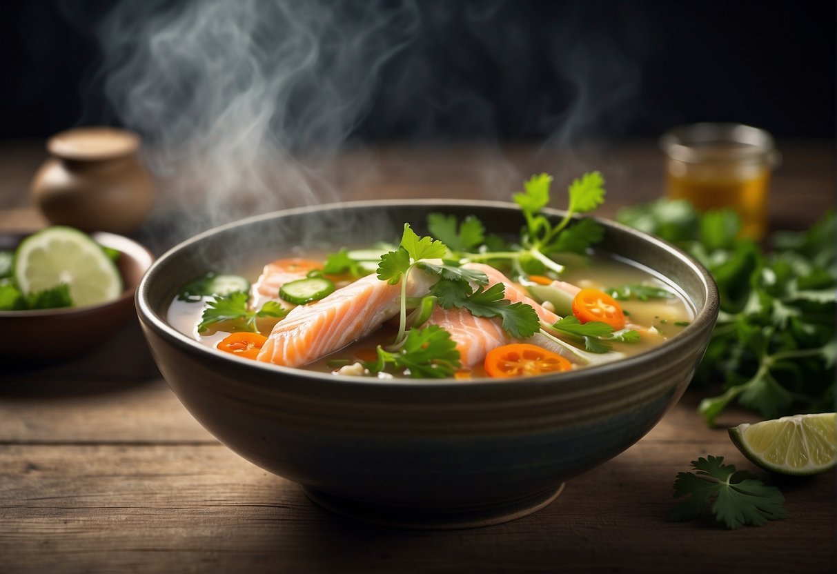 A steaming bowl of salmon fish head soup with Chinese herbs and vegetables, garnished with fresh cilantro and a squeeze of lime