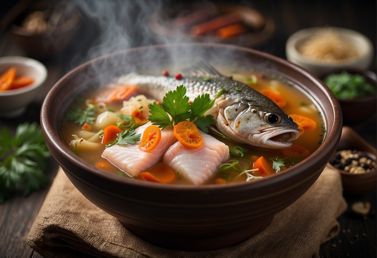 A steaming bowl of Chinese salmon fish head soup surrounded by traditional Chinese herbs and spices