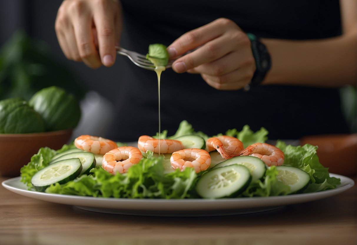 Fresh lettuce, sliced cucumber, and juicy prawns are being carefully arranged on a plate, while a flavorful Chinese dressing is drizzled over the top