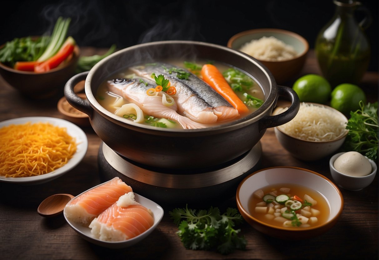 A steaming bowl of Chinese salmon fish head soup surrounded by various ingredients and utensils on a kitchen counter