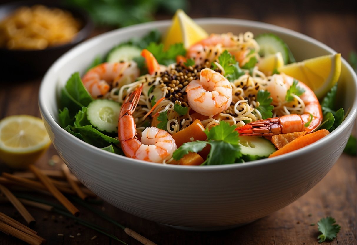 A colorful salad bowl with fresh prawns, mixed with Chinese seasonings and garnished with cultural twists like sesame seeds and crispy wonton strips