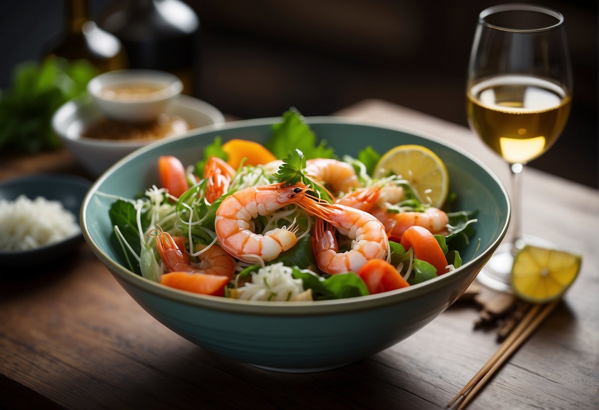 A colorful salad bowl with fresh prawns and Chinese dressing, surrounded by chopsticks and a glass of white wine