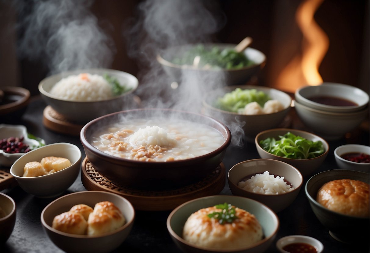 A table is set with steaming bowls of congee, savory turnip cakes, and sweet red bean buns. Steam rises from the dishes as the family gathers around for a traditional Chinese New Year breakfast