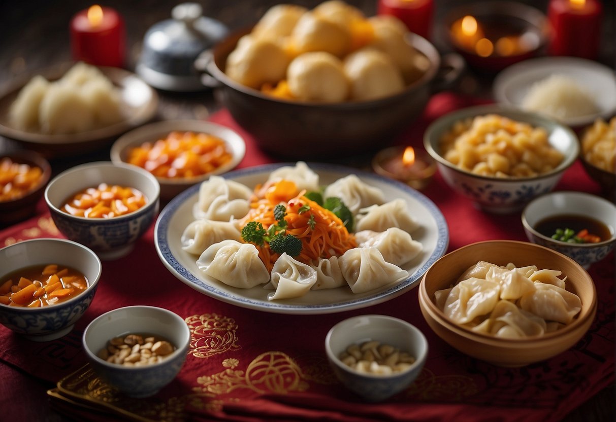A table adorned with symbolic Chinese New Year breakfast foods, including dumplings, noodles, and fish, symbolizing prosperity and fortune
