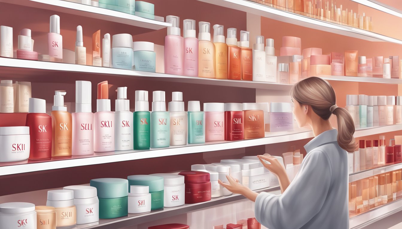 A woman's hand reaches for a bottle of SK-II skincare product on a shelf in a modern Singaporean beauty store
