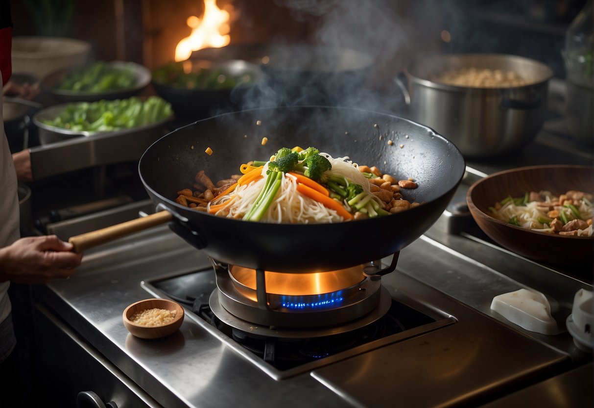 A wok sizzles over a gas flame, stir-frying julienned vegetables and marinated meats. Nearby, a steaming pot of congee bubbles, while a bamboo steamer releases fragrant steam. Ingredients like ginger, garlic