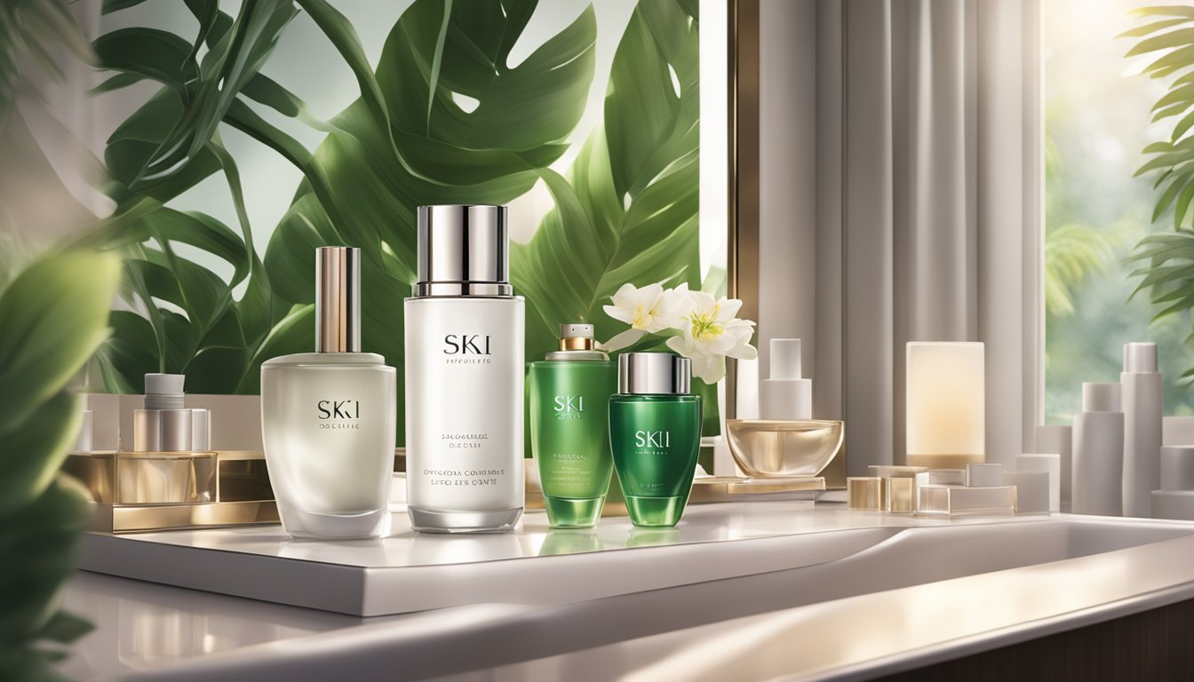 A bottle of SK-II essence sits on a sleek, modern vanity in a luxurious Singaporean hotel room, surrounded by lush greenery and soft ambient lighting