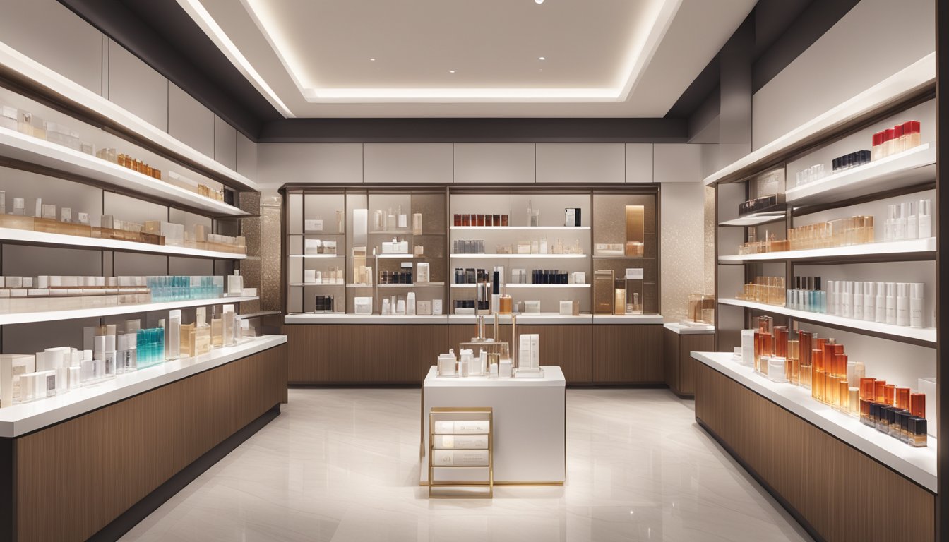 A luxurious display of SK-II skincare products arranged on sleek, modern shelves in a sophisticated Singaporean boutique