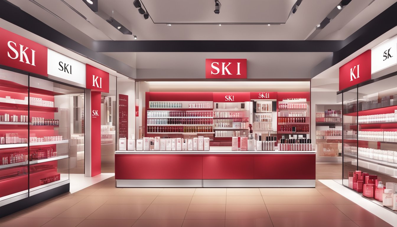 A table with SK-II products displayed, with a sign reading "Frequently Asked Questions buy SK-II Singapore" in a cosmetic store