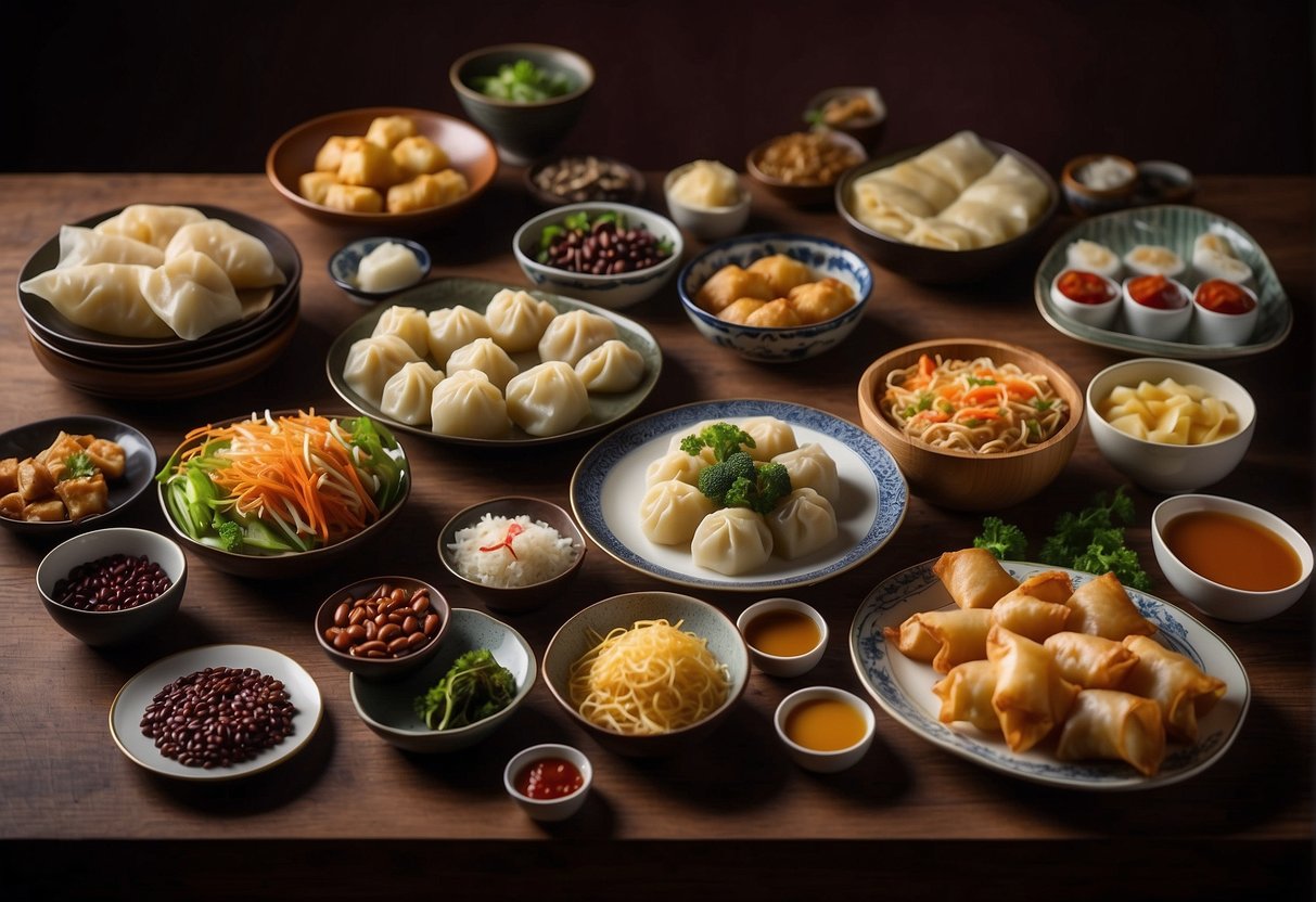 A table set with a variety of savory and sweet side dishes for a Chinese New Year breakfast, including dumplings, spring rolls, noodles, and red bean buns