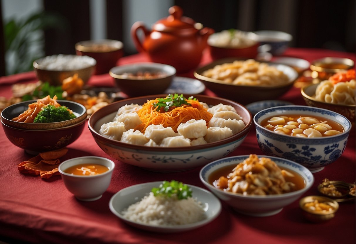 A table is set with traditional Chinese New Year breakfast dishes for a family reunion. Red and gold decorations adorn the table, and steaming bowls of congee, dumplings, and noodles are arranged neatly