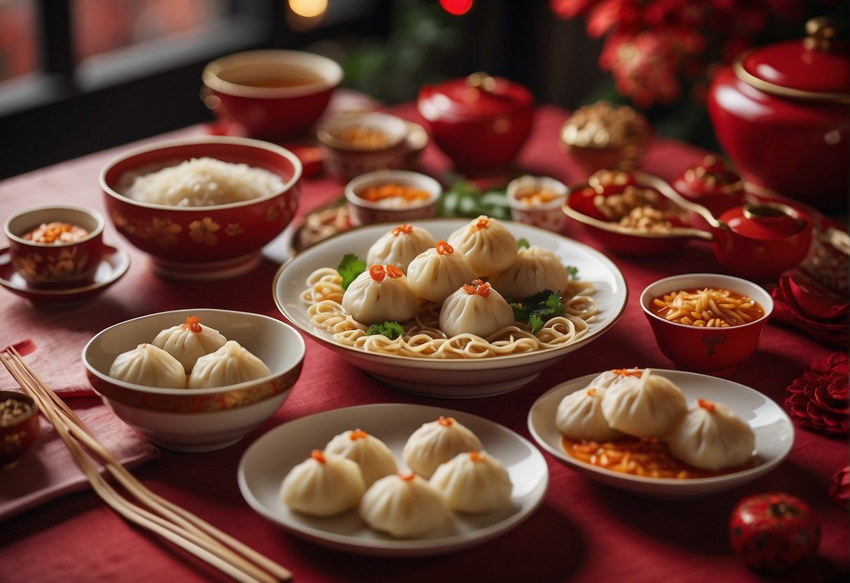 A festive table set with traditional Chinese New Year breakfast dishes, including dumplings, noodles, and steamed buns. Red decorations and lucky symbols are scattered around the table