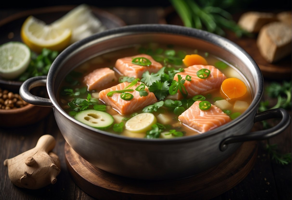 A steaming pot of Chinese salmon fish soup with ginger, scallions, and tofu simmering in a savory broth