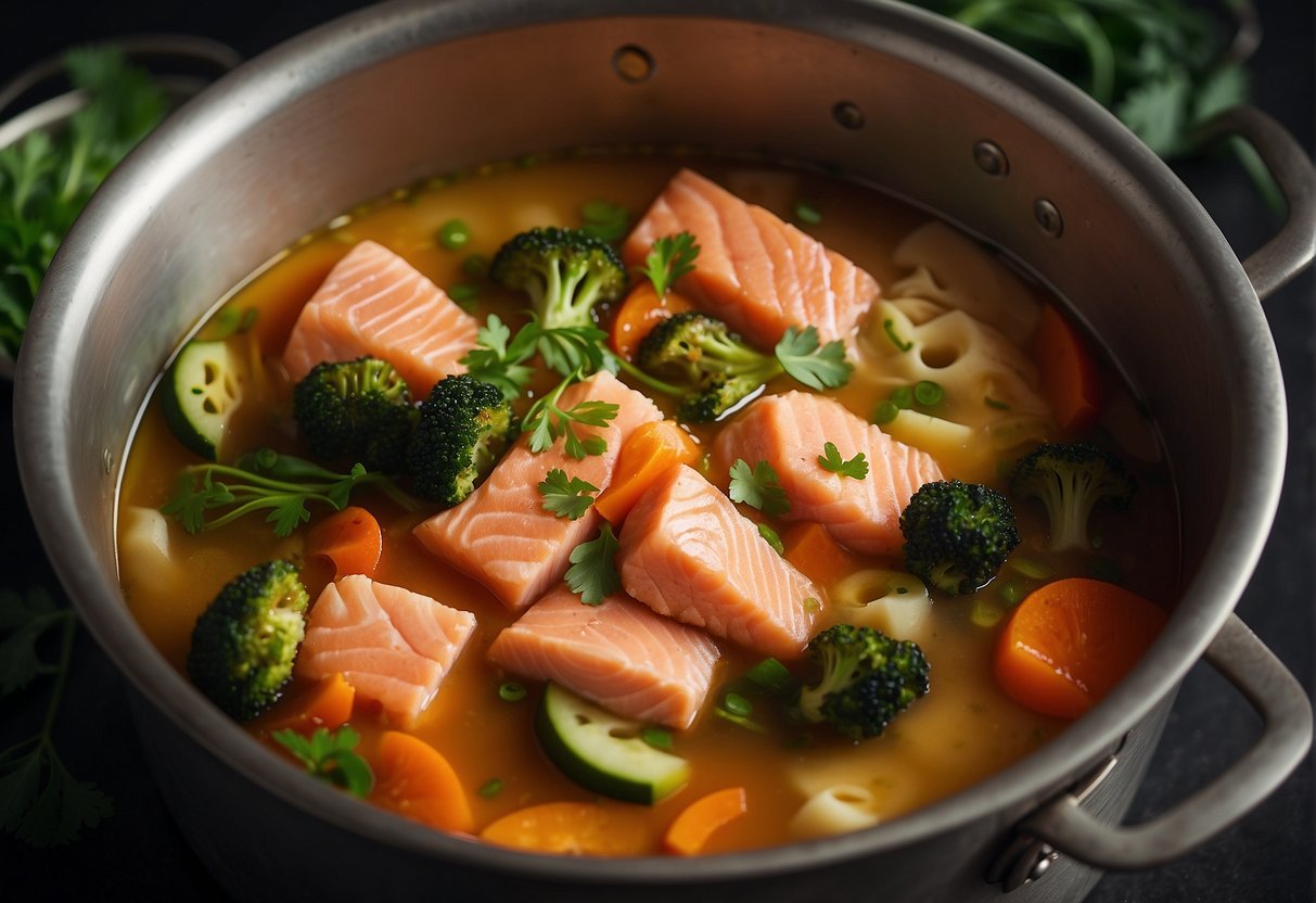 A pot simmering with salmon, vegetables, and broth. A chef adds aromatic spices, creating a savory aroma. The rich history of Chinese salmon fish soup is evident in the traditional recipe