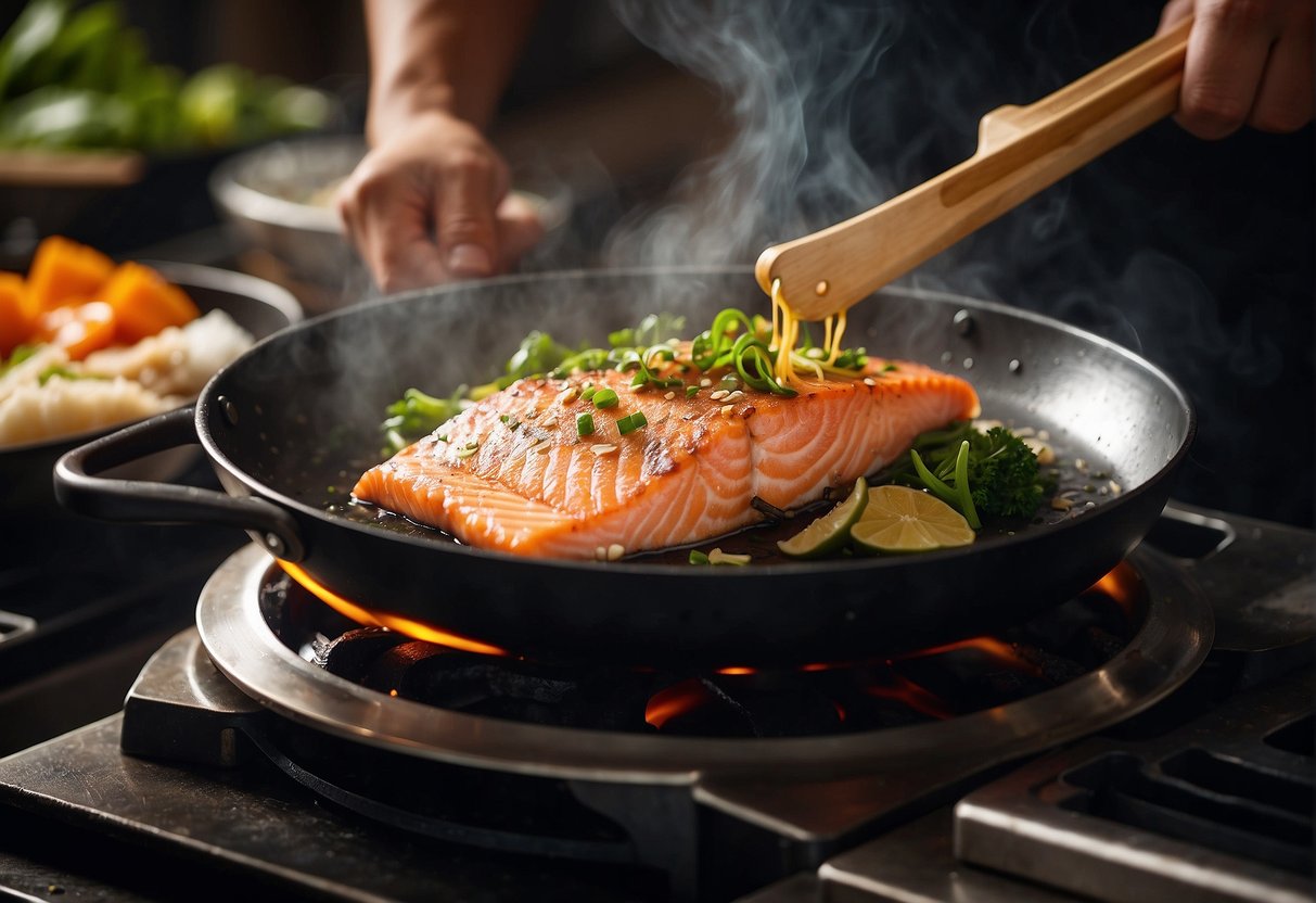 A chef stir-frying a salmon head with ginger, garlic, and soy sauce in a wok over high heat. Steam rising, and a hint of sizzle