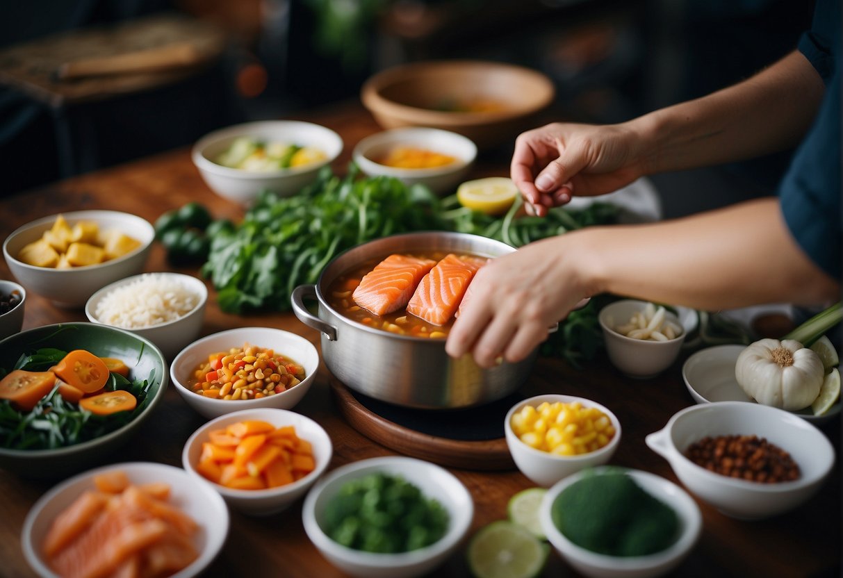 A person selects salmon, vegetables, and spices for a Chinese fish soup recipe