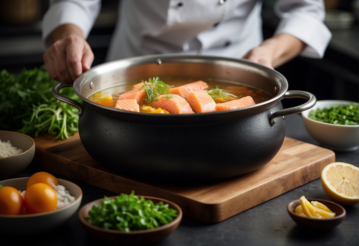A chef pours broth into a pot with chunks of fresh salmon, ginger, and scallions, ready to simmer for a traditional Chinese fish soup