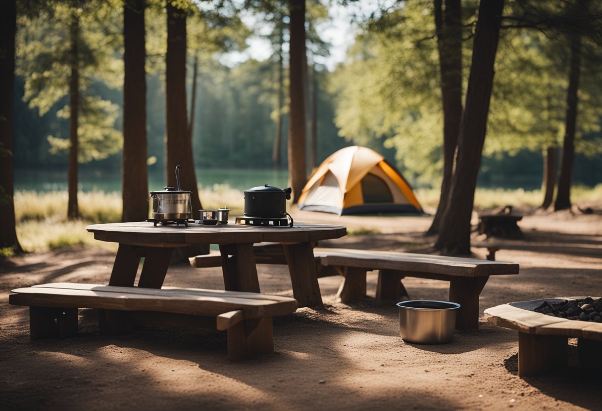 A clean campsite with organized gear, a fire pit, and a water source nearby, surrounded by trees and wildlife