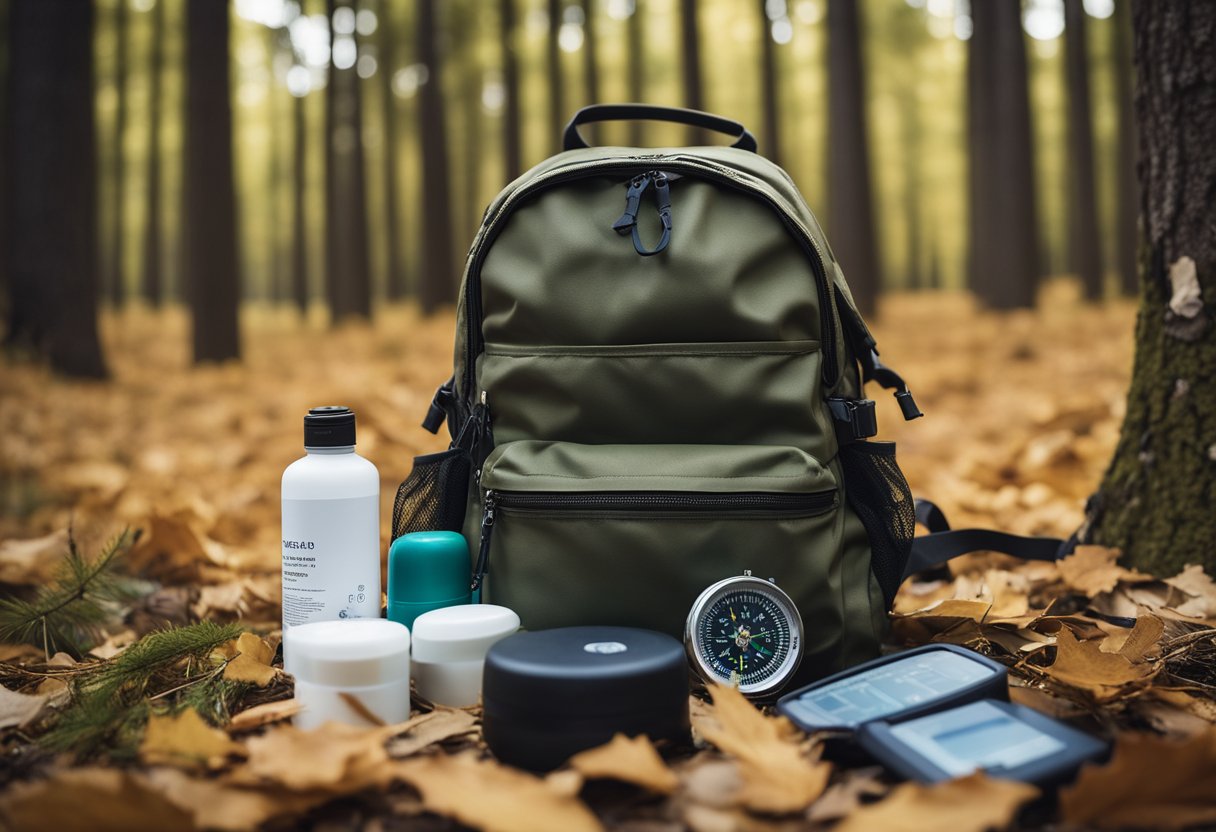 A backpack sits on the ground, open and filled with travel-sized toiletries. A trail map and compass lay nearby, surrounded by a scattering of leaves and pine needles