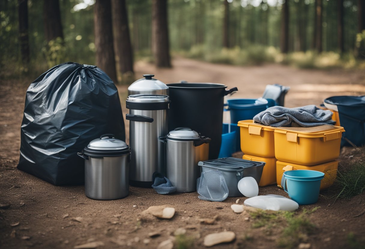 A tidy campsite with organized gear, a closed trash bag, and a designated area for cooking and washing dishes