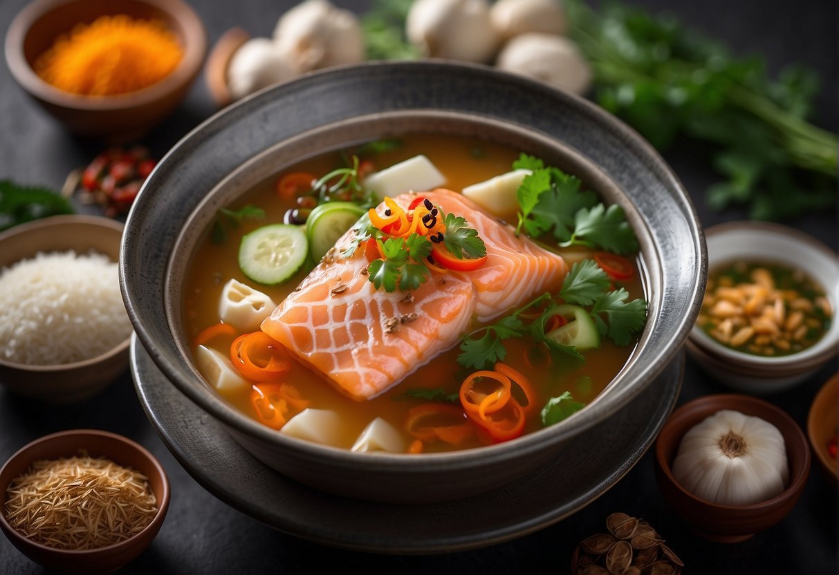 A steaming bowl of Chinese salmon head soup with ginger, garlic, and vegetables, surrounded by traditional Chinese herbs and spices