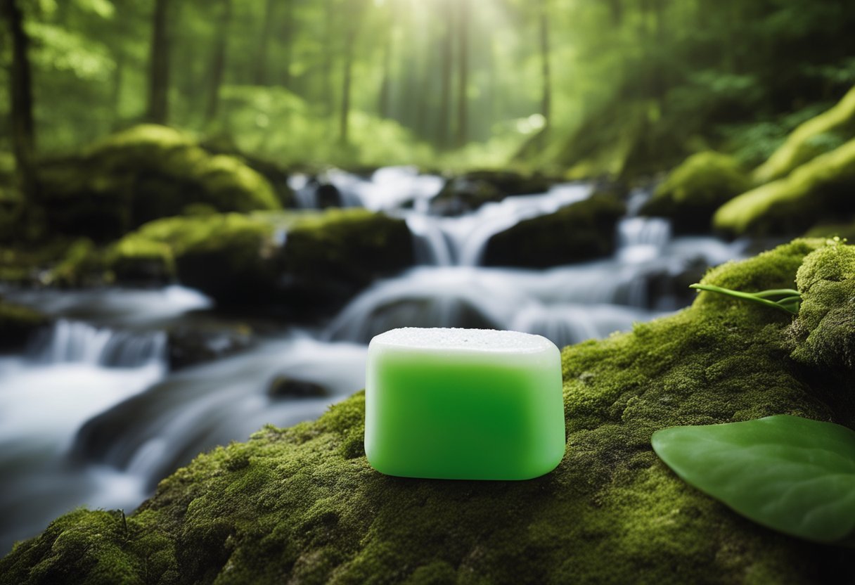 A clear mountain stream flows through a lush forest, with a bar of soap and a towel placed on a rock next to it. A toothbrush and toothpaste are set on a tree stump