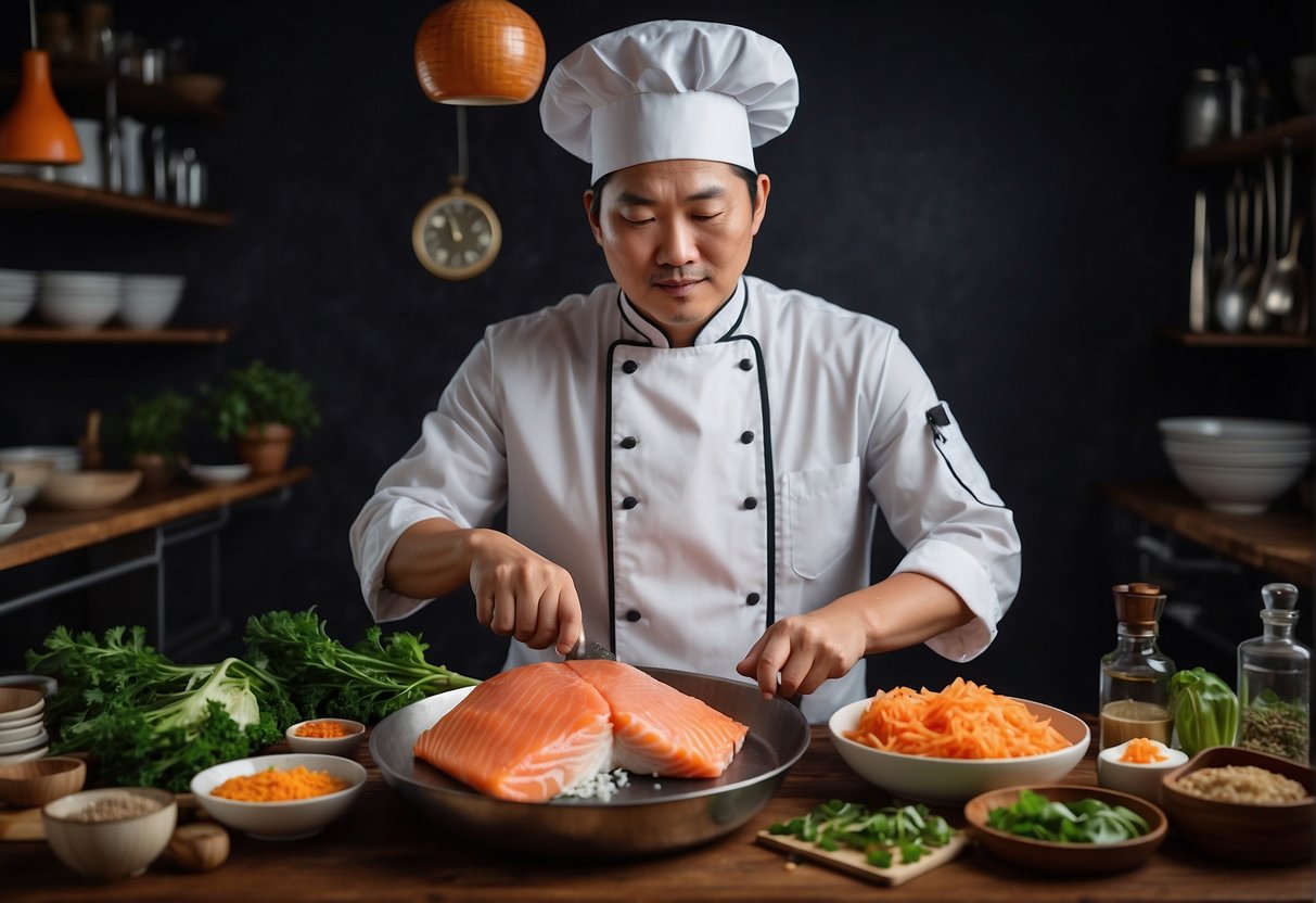 A chef preparing a traditional Chinese salmon head recipe, surrounded by ingredients and cooking utensils