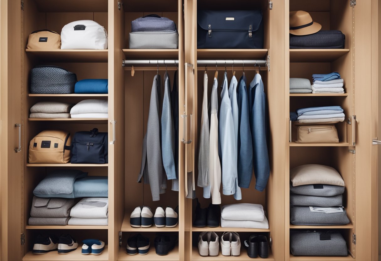 A neatly organized wardrobe with labeled compartments for outdoor gear, including waterproof bags and storage solutions for keeping clothes clean in the wild