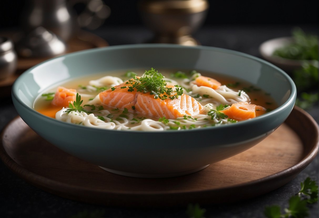 The chef adds a swirl of cream and a sprinkle of fresh herbs to the steaming bowl of Chinese salmon fish soup