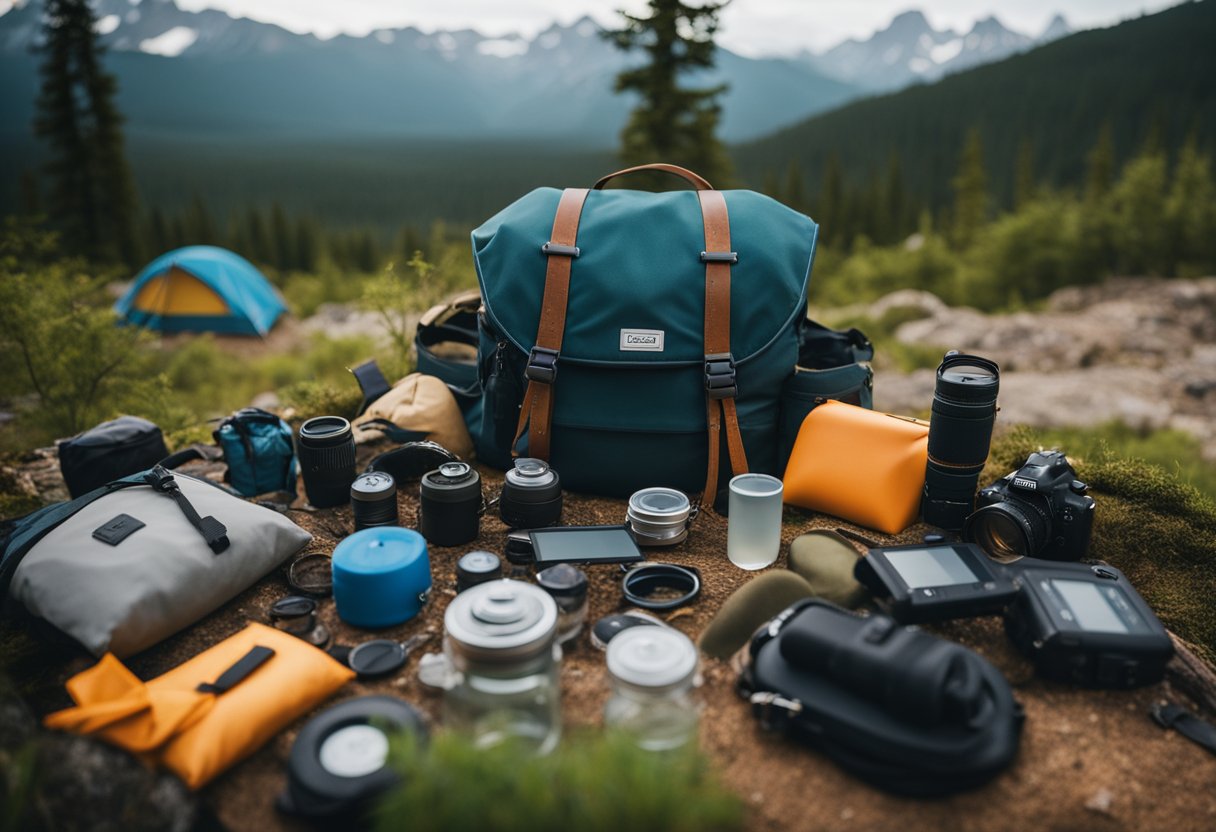 A pristine wilderness scene with a campsite showing clean, organized gear and supplies, surrounded by untouched nature