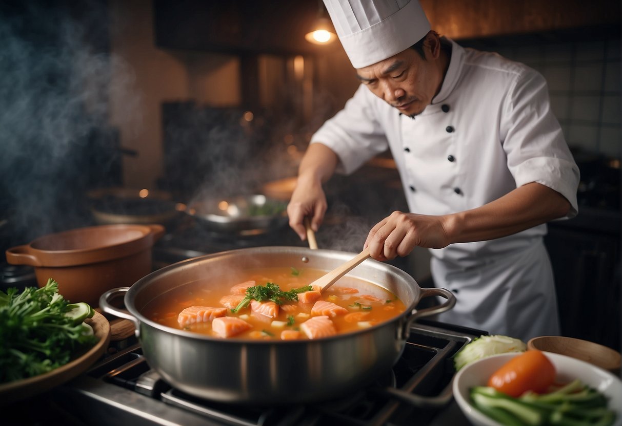A chef stirring a pot of steaming salmon fish soup in a traditional Chinese kitchen. Ingredients and utensils are neatly arranged nearby