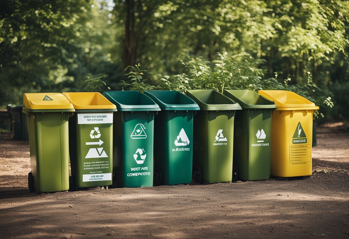 A campsite with neatly organized waste disposal areas, including separate bins for recycling and compost. A sign with clear instructions for proper waste management is prominently displayed