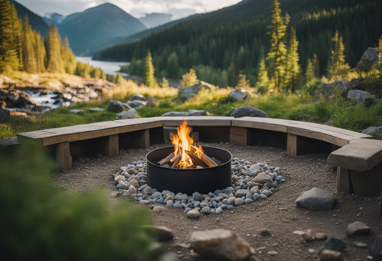 A campsite with a fire pit, surrounded by rocks and logs. A nearby stream with clear water for washing. Trash and food stored in animal-proof containers