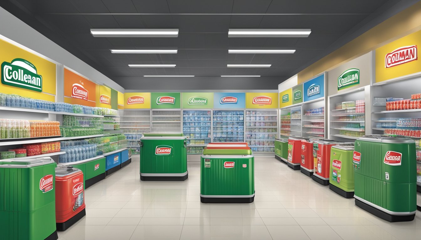 A store display showcases Coleman coolers in Singapore, with various sizes and colors available for purchase