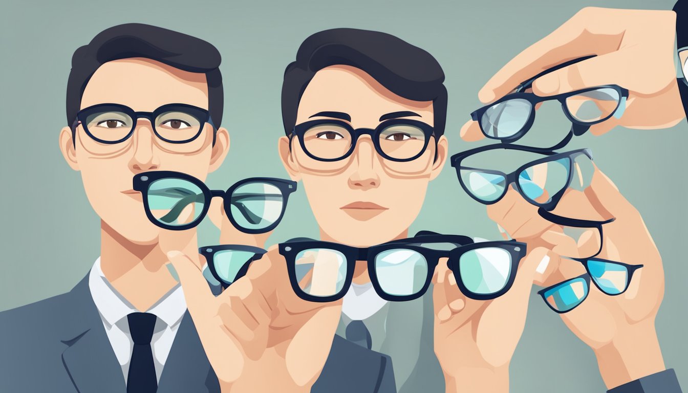 A person holding different pairs of spectacles, comparing and selecting the right one