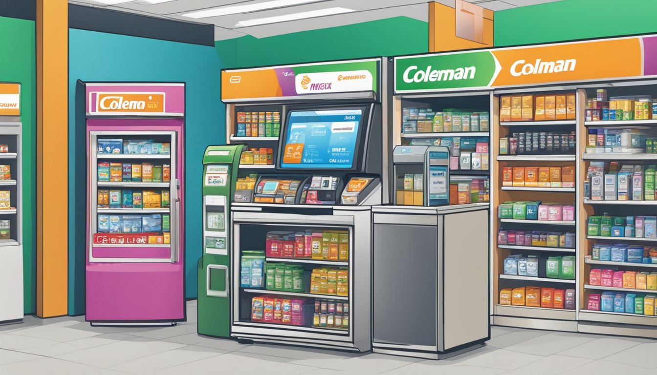 A display of various payment options (credit card, cash, mobile payment) next to a Coleman cooler in a store in Singapore