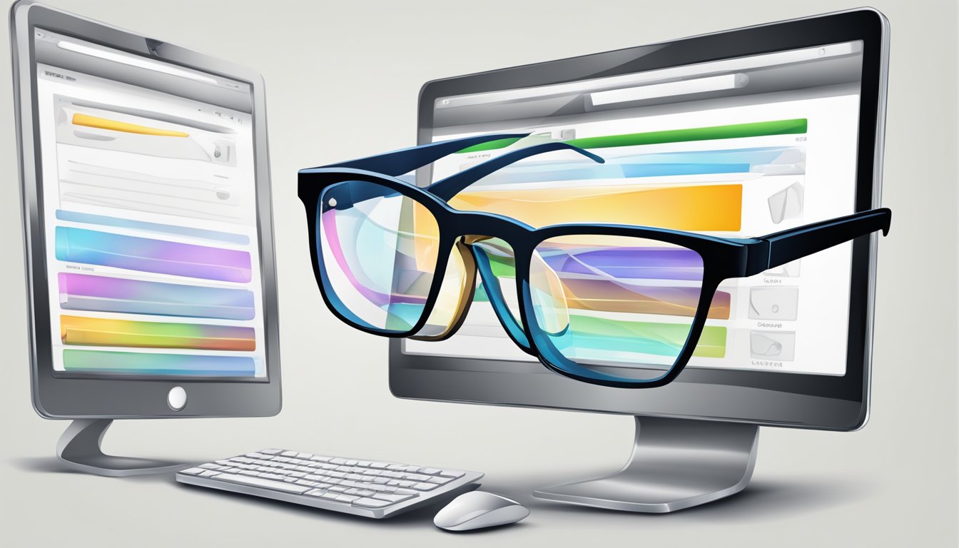 A computer screen displaying a variety of stylish spectacles. A cursor hovers over a pair, ready to click "Add to Cart" button