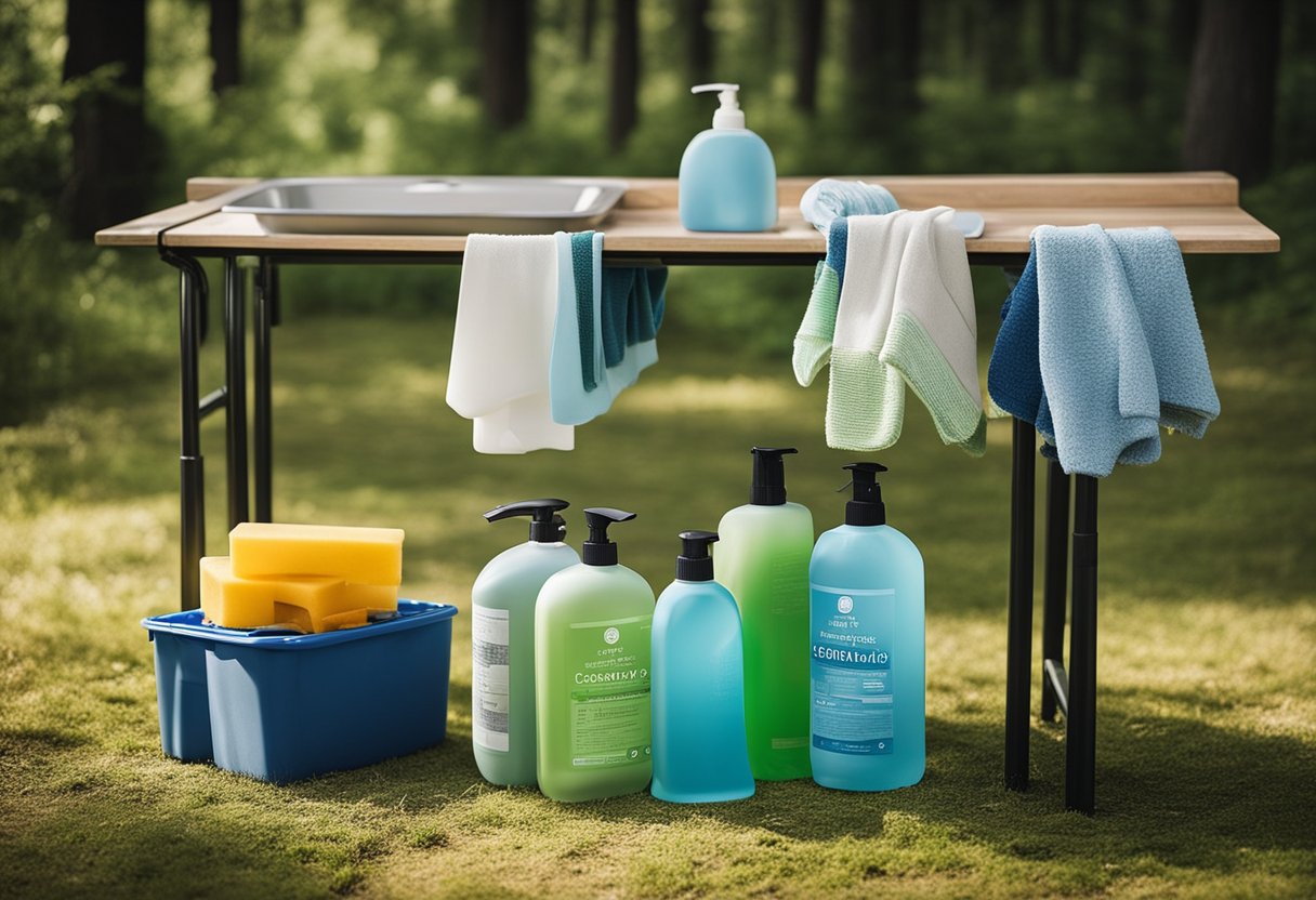 A campsite with a neatly organized array of cleaning supplies, including biodegradable soap, a portable sink, and a drying rack for dishes