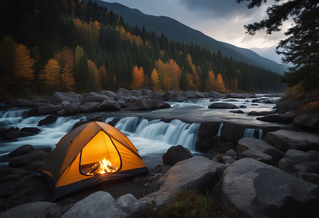 A tent pitched on a rocky cliff, surrounded by tall trees and a rushing river. The sky is dark with storm clouds, but the campfire burns brightly