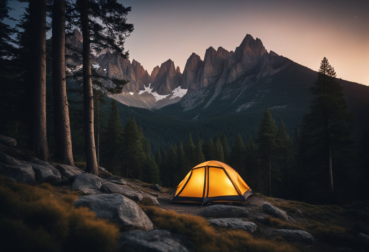 A tent pitched on a rocky mountainside, surrounded by tall trees and a crackling campfire, with a clear starry sky above