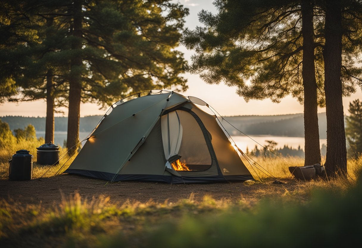 A tent pitched on a grassy clearing, surrounded by trees. A campfire burns nearby, with cooking utensils and supplies neatly organized. The sky is clear, with stars beginning to appear