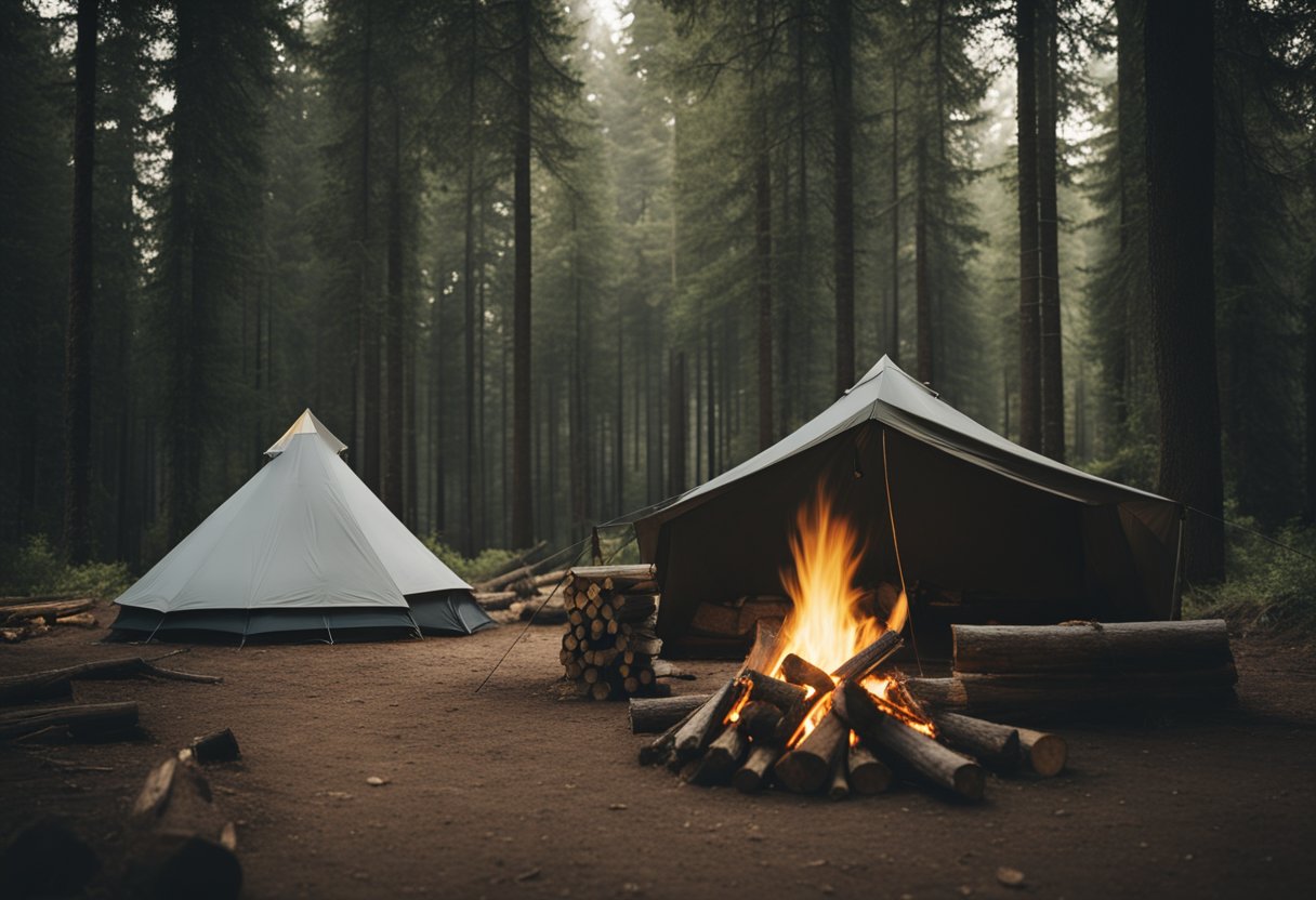 A tent pitched in a clearing, surrounded by trees. A campfire burns nearby, with logs and firewood stacked neatly. A tarp is strung up overhead, providing shelter from the elements