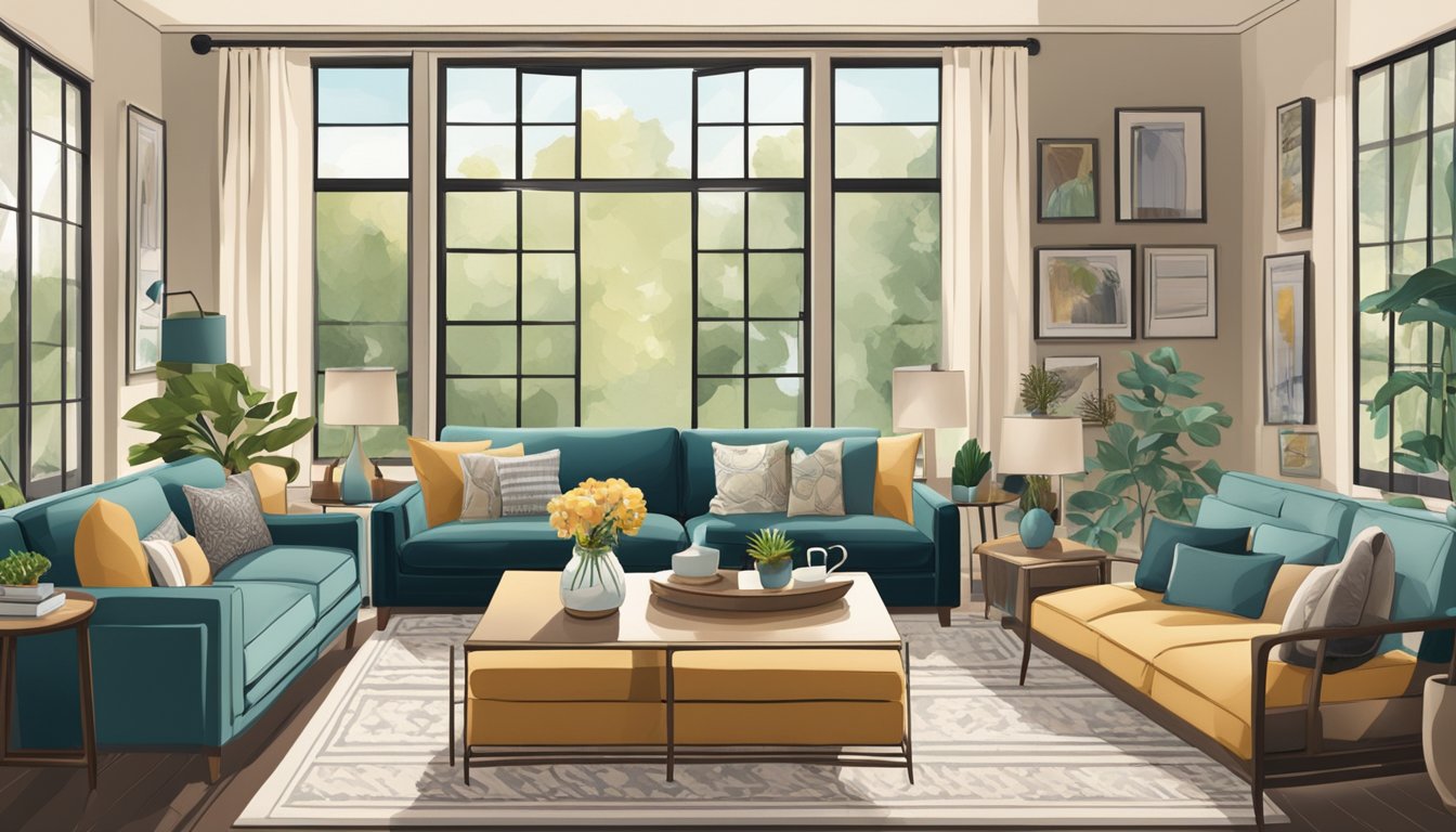 A cozy living room with a large window, a coffee table, and a variety of stylish couches displayed on a website