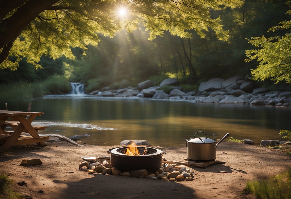 A tent pitched near a flowing stream, with a fire pit and cooking utensils nearby. Trees provide shade, and a clear sky indicates good weather